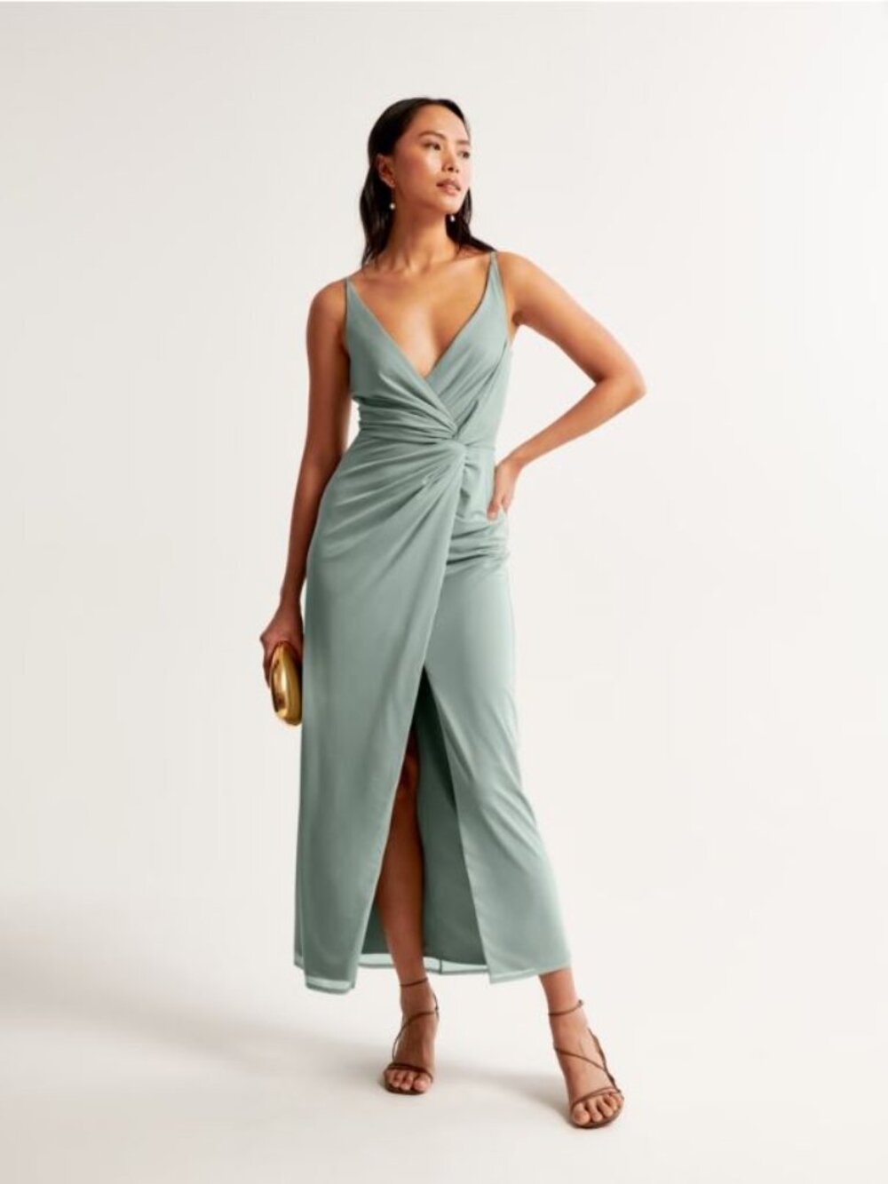 Abercrombie & Fitch Mesh Twist Wrap Gown in Green Granite